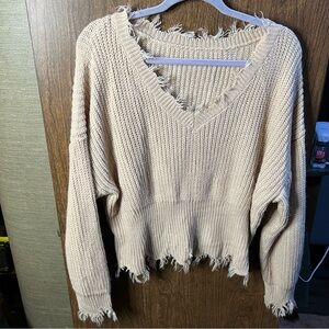 Shein tan raw hem v neck cropped sweater size medium
